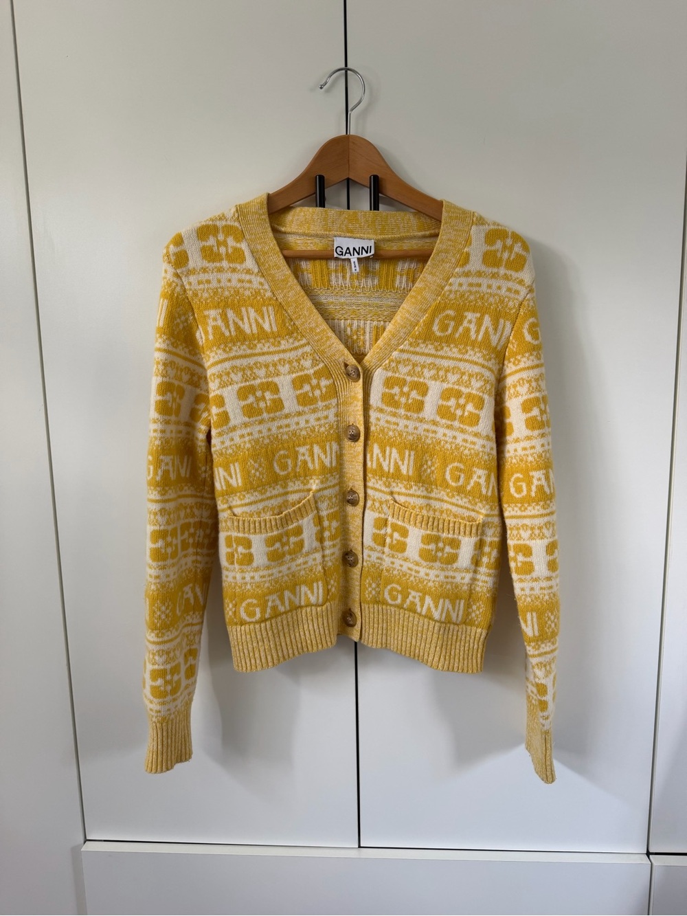 Ganni Yellow and Cream Logo Jacquard Cardigan